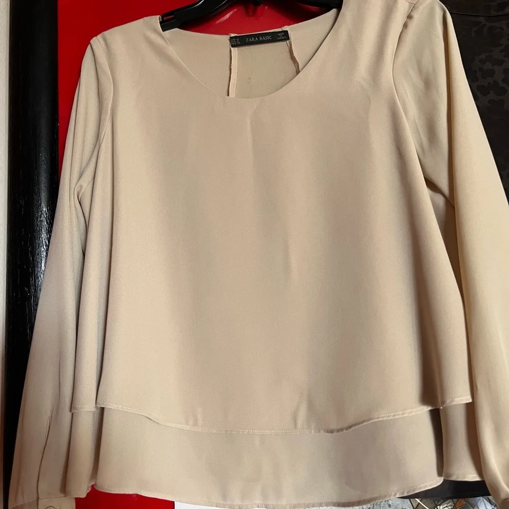 Zara cream tan long sleeve double layer bell hem blouse - Picture 1 of 8